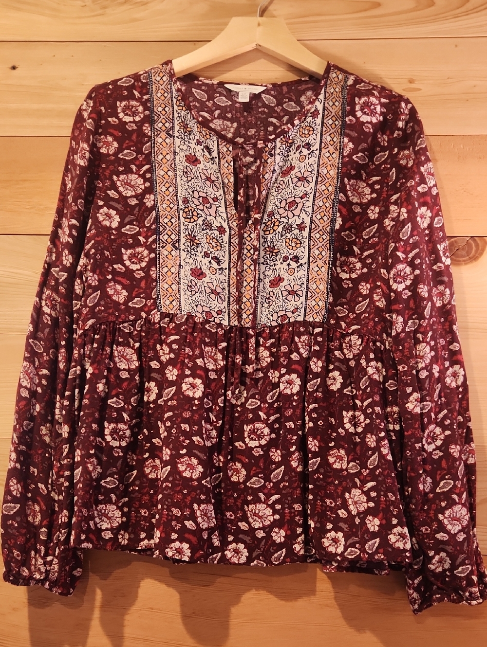 Lucky Brand Burgundy Floral Embroidered Peasant Tunic